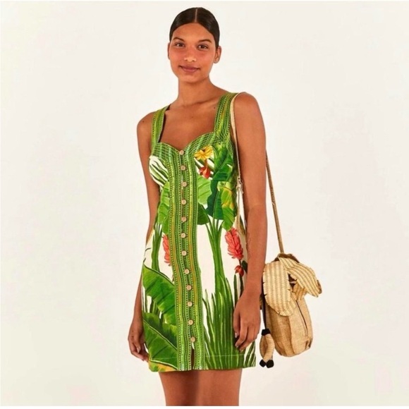 FARM Rio Dresses & Skirts - FARM Rio Green Tropical Print Linen Mini Dress